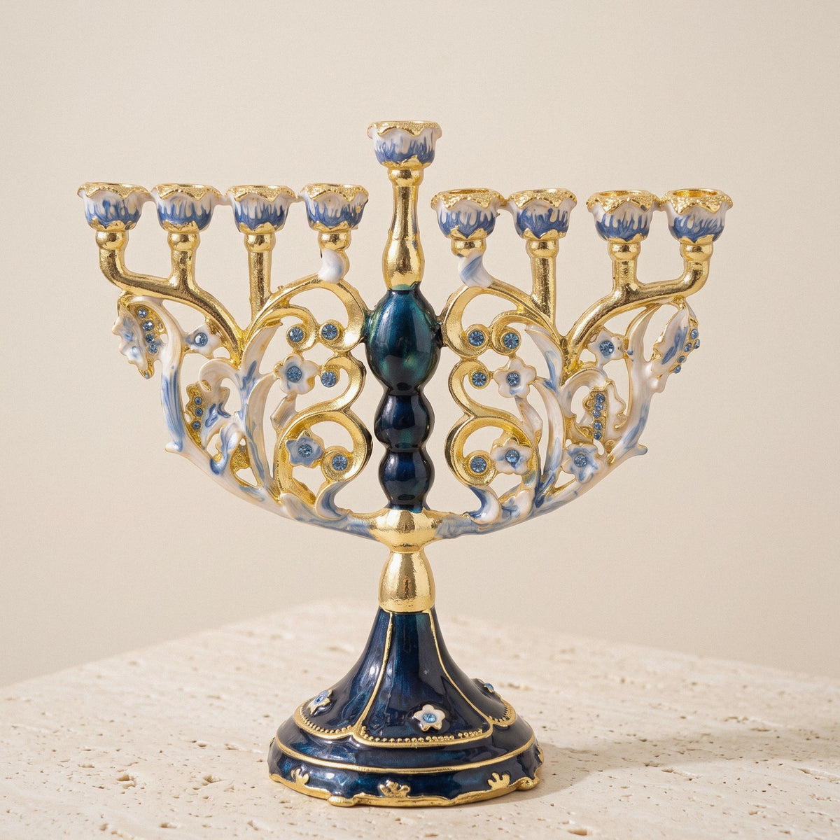 Designer Blue & Gold Hanukkah Menorah, Swirl Crown Design, 16 cm Tall