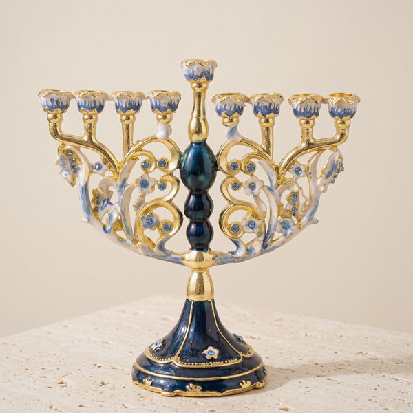 Designer Blue & Gold Hanukkah Menorah, Swirl Crown Design, 6.3 in (16 cm) Tall
