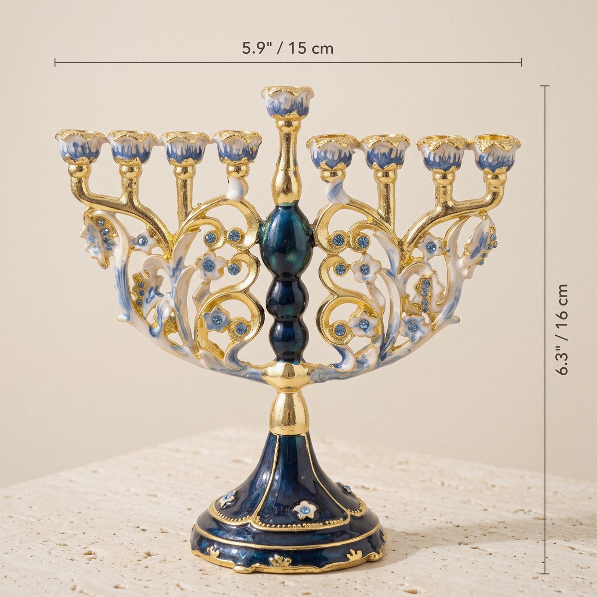 Designer Blue & Gold Hanukkah Menorah, Swirl Crown Design, 16 cm Tall - size and dimensions