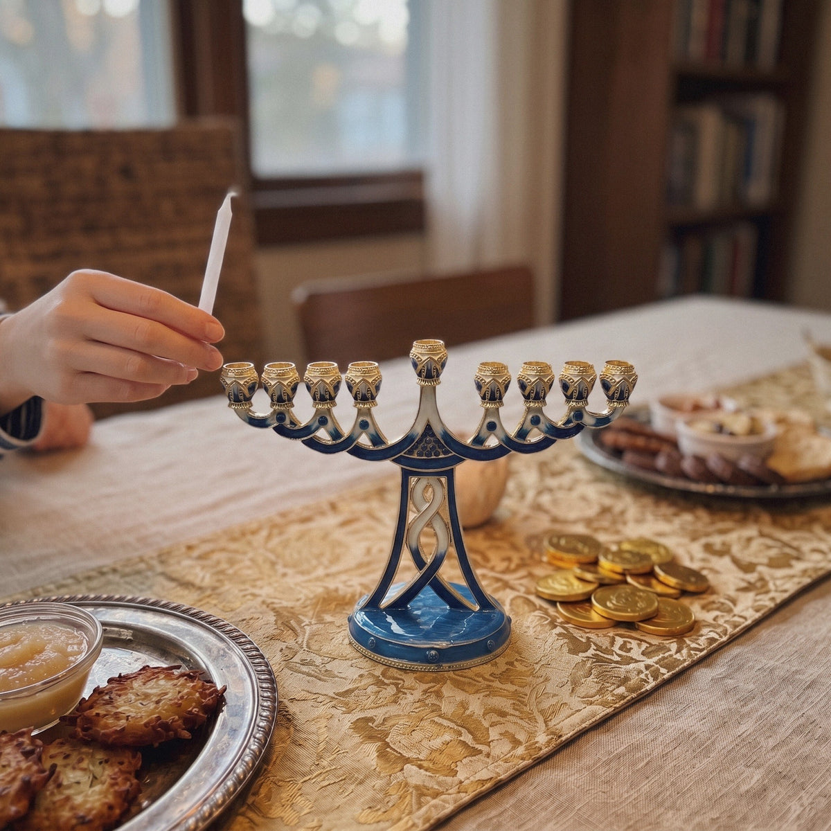 Designer Blue Enamel Hanukkah Menorah, Gold Lattice Stem - at home