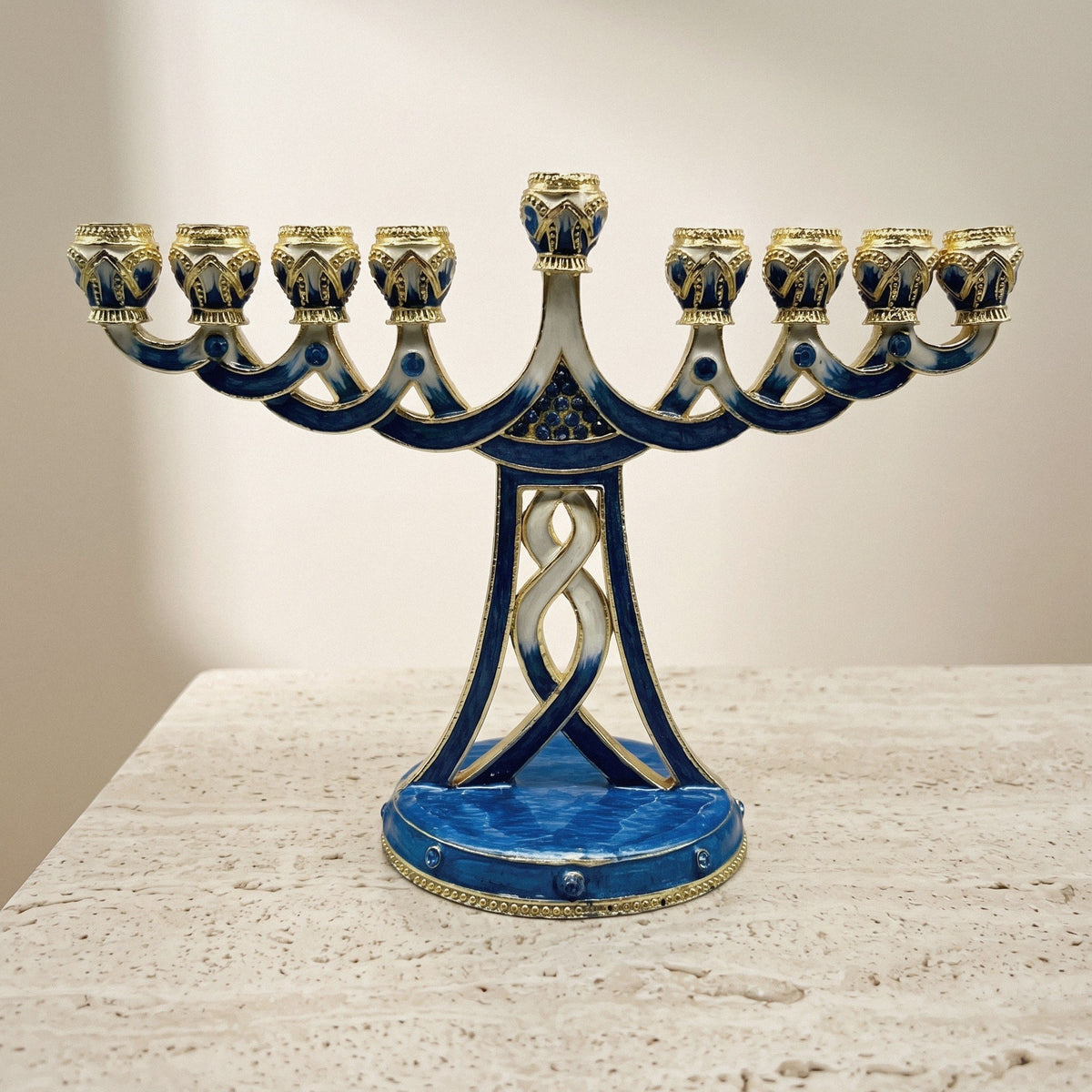 Designer Blue Enamel Hanukkah Menorah, Gold Lattice Stem