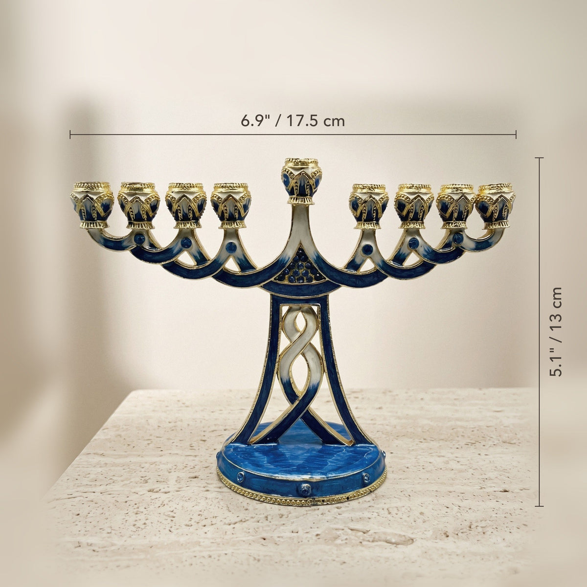 Designer Blue Enamel Hanukkah Menorah, Gold Lattice Stem - size and dimensions