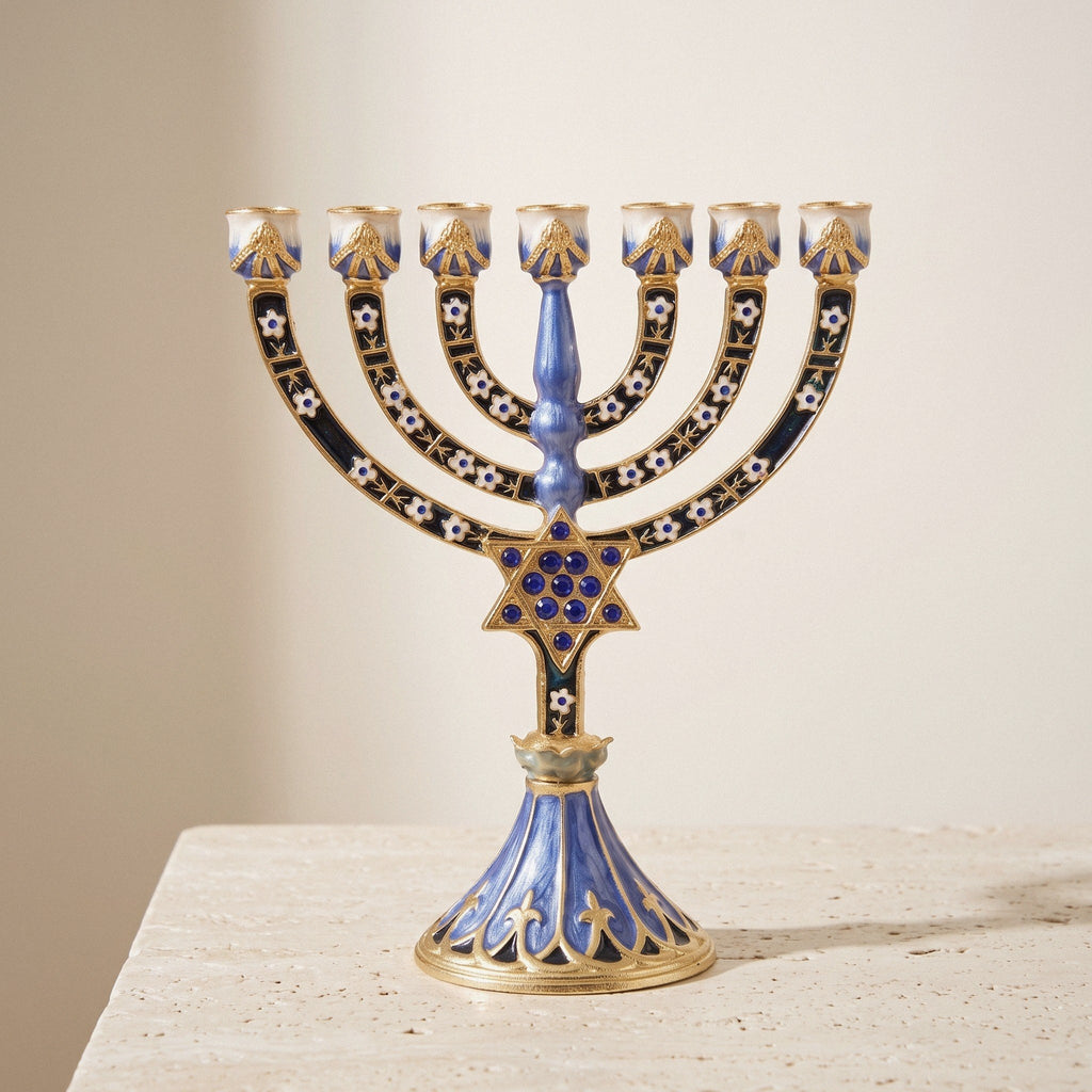Designer Blue Enamel Hanukkah Menorah with Star of David, 16 cm Tall
