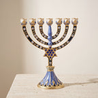 Designer Blue Enamel Hanukkah Menorah with Star of David, 16 cm Tall