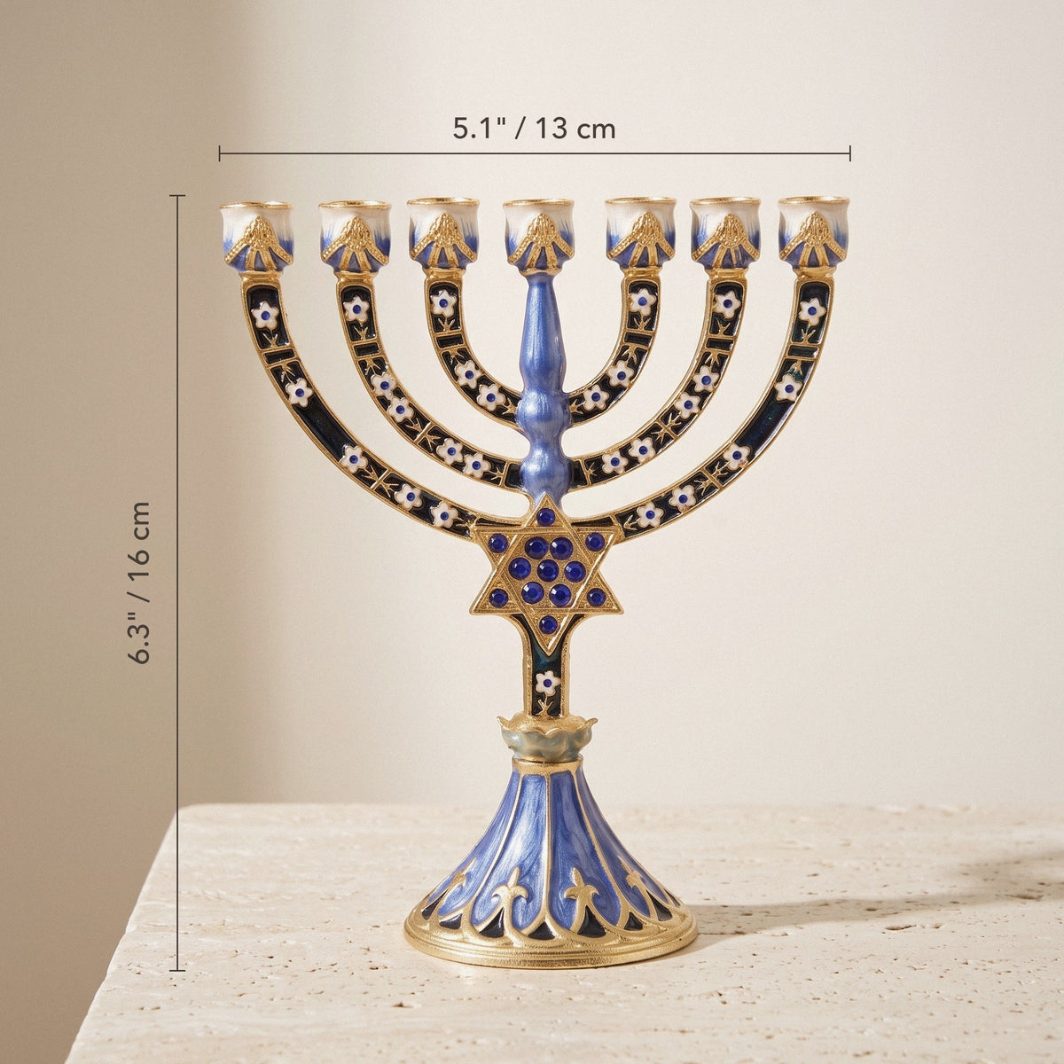 Designer Blue Enamel Hanukkah Menorah with Star of David, 16 cm Tall - size and dimensions