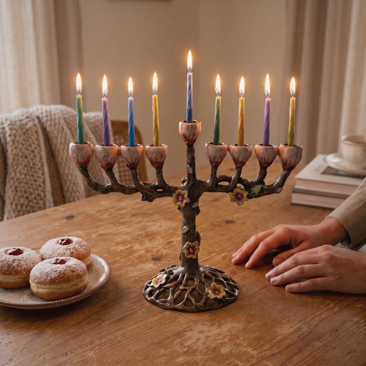 Designer Branch Hanukkah Menorah, Dark Bronze with Rose Cups, 16.5 cm Tall - at home