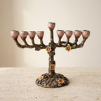 Designer Branch Hanukkah Menorah, Dark Bronze with Rose Cups, 16.5 cm Tall