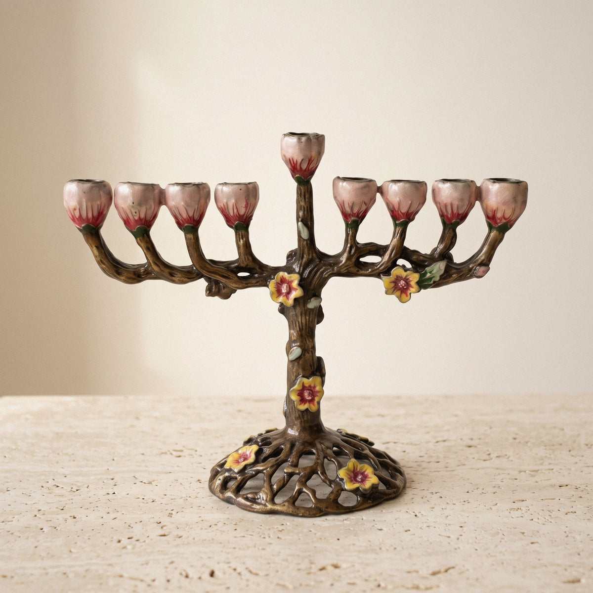 Designer Branch Hanukkah Menorah, Dark Bronze with Rose Cups, 16.5 cm Tall