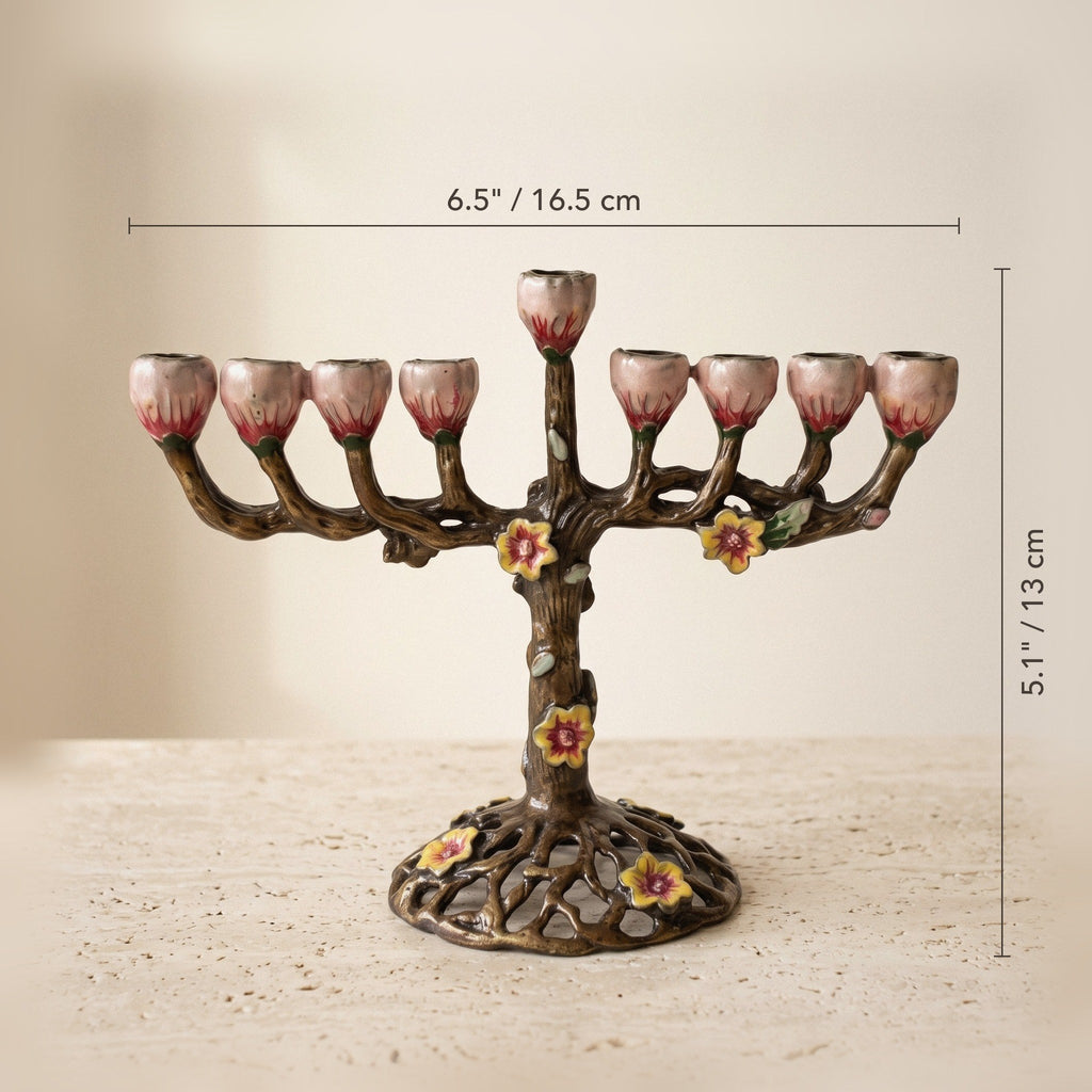Designer Branch Hanukkah Menorah, Dark Bronze with Rose Cups, 16.5 cm Tall - size and dimensions