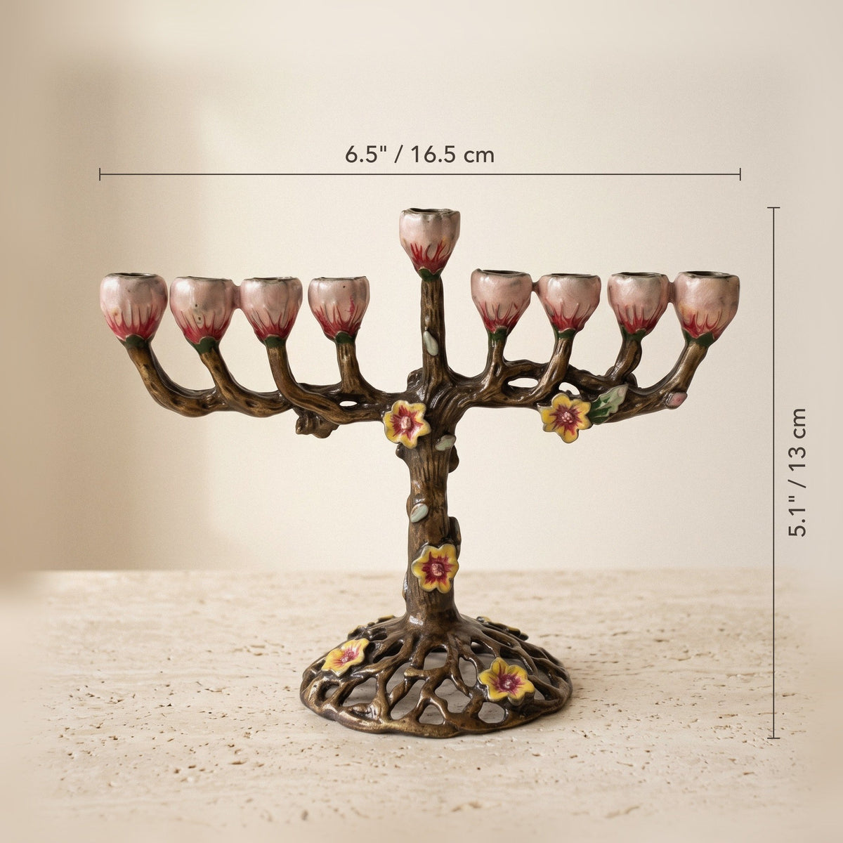 Designer Branch Hanukkah Menorah, Dark Bronze with Rose Cups, 16.5 cm Tall - size and dimensions