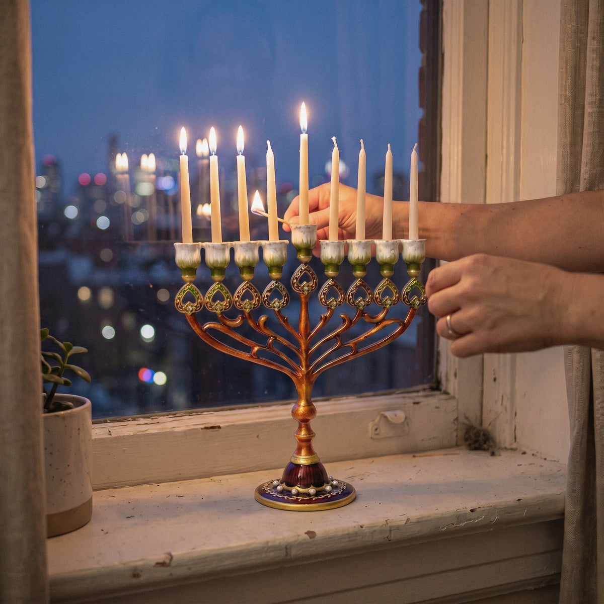 Designer Copper-Tone Hanukkah Menorah, Green Enamel Cups, 16.5 cm Tall - at home