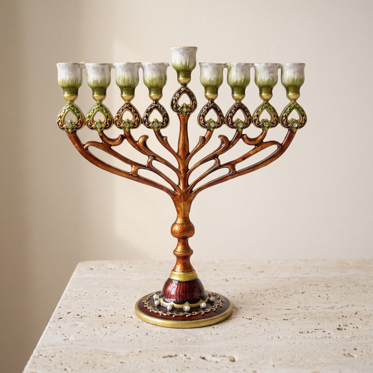 Designer Copper-Tone Hanukkah Menorah, Green Enamel Cups, 16.5 cm Tall