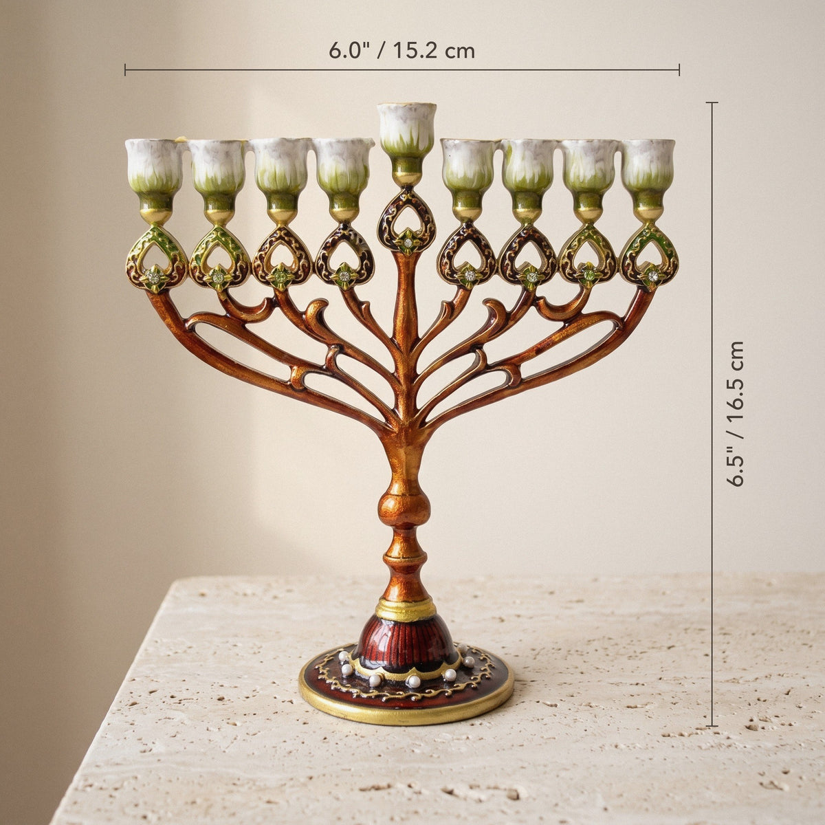Designer Copper-Tone Hanukkah Menorah, Green Enamel Cups, 16.5 cm Tall - size and dimensions
