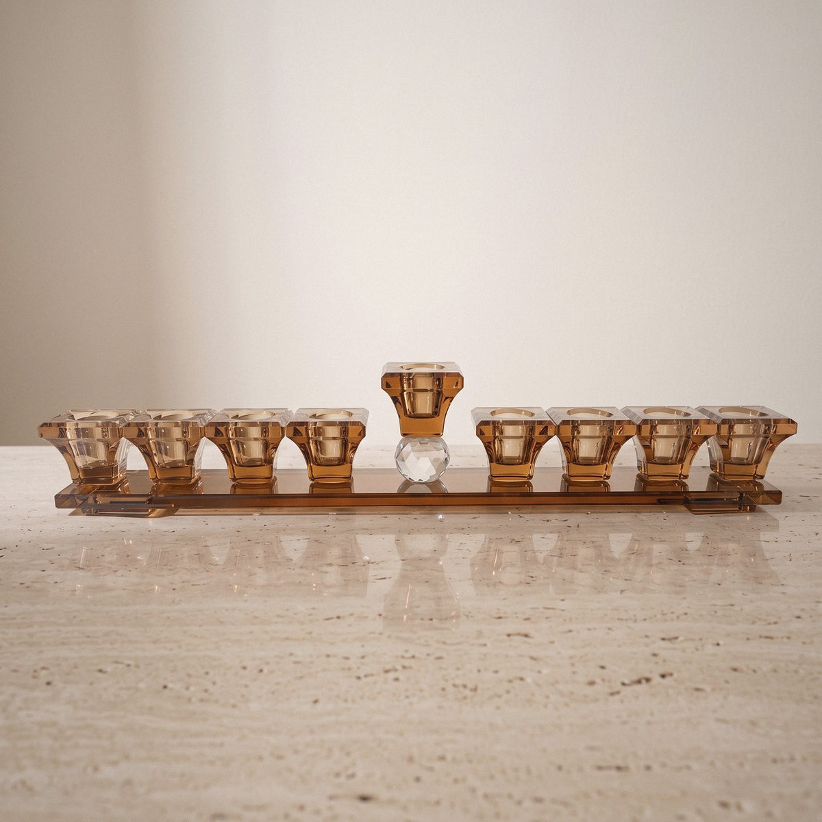Designer Crystal Glass Hanukkah Menorah, 9 Cups, Clear, Amber or Rainbow - Amber