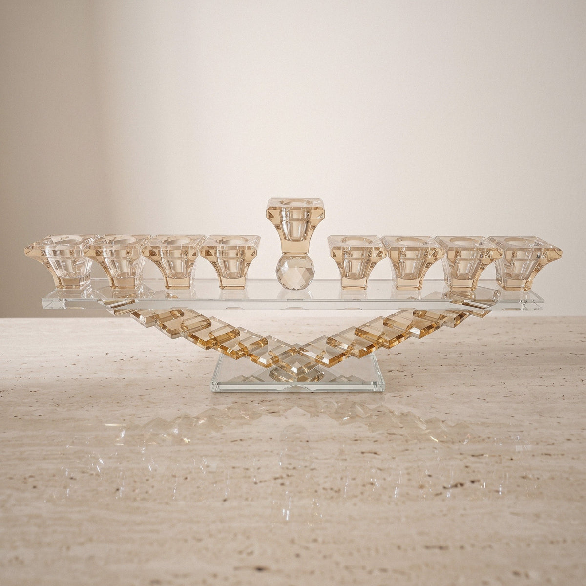 Designer Crystal Glass Hanukkah Menorah, 9 Cups, Clear, Amber or Rainbow - Champagne
