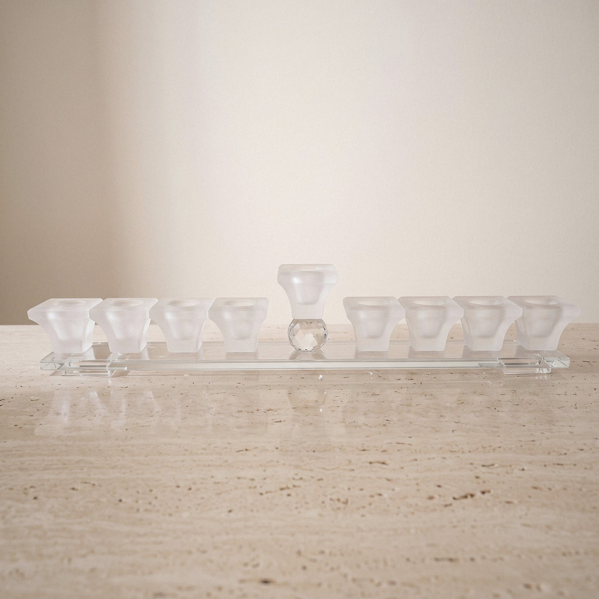 Designer Crystal Glass Hanukkah Menorah, 9 Cups, Clear, Amber or Rainbow - Frosted