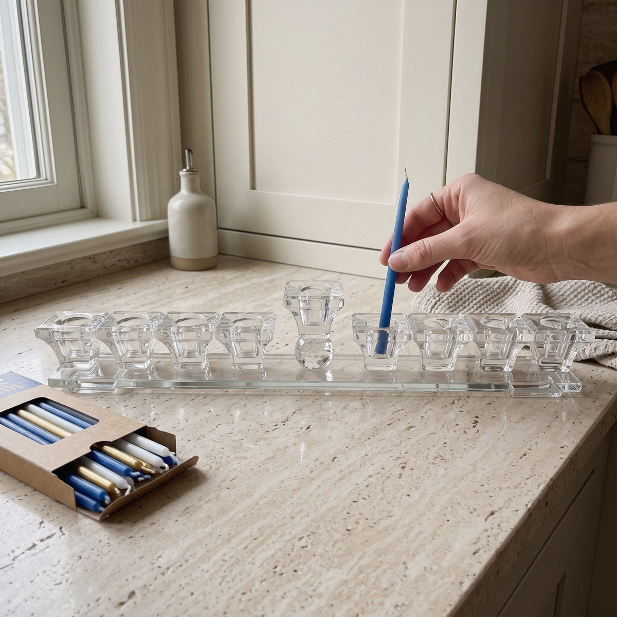 Designer Crystal Glass Hanukkah Menorah, 9 Cups, Clear, Amber or Rainbow - at home