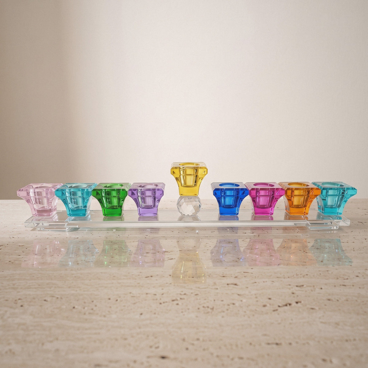 Designer Crystal Glass Hanukkah Menorah, 9 Cups, Clear, Amber or Rainbow - Rainbow