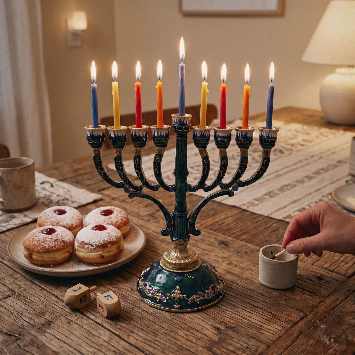 Designer Emerald Enamel Hanukkah Menorah, Gold Accents, 16.5 cm Tall - at home