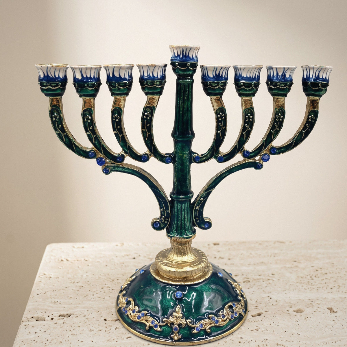 Designer Emerald Enamel Hanukkah Menorah, Gold Accents, 16.5 cm Tall