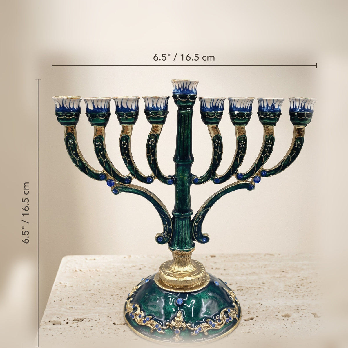 Designer Emerald Enamel Hanukkah Menorah, Gold Accents, 16.5 cm Tall - size and dimensions