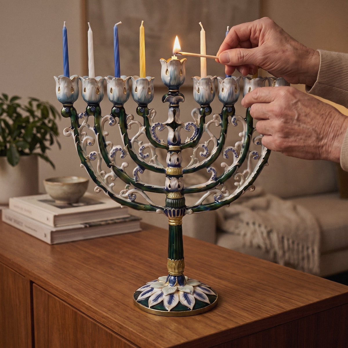 Designer Enamel Hanukkah Menorah, Green & White with Crystal Accents, 16 cm Tall - at home