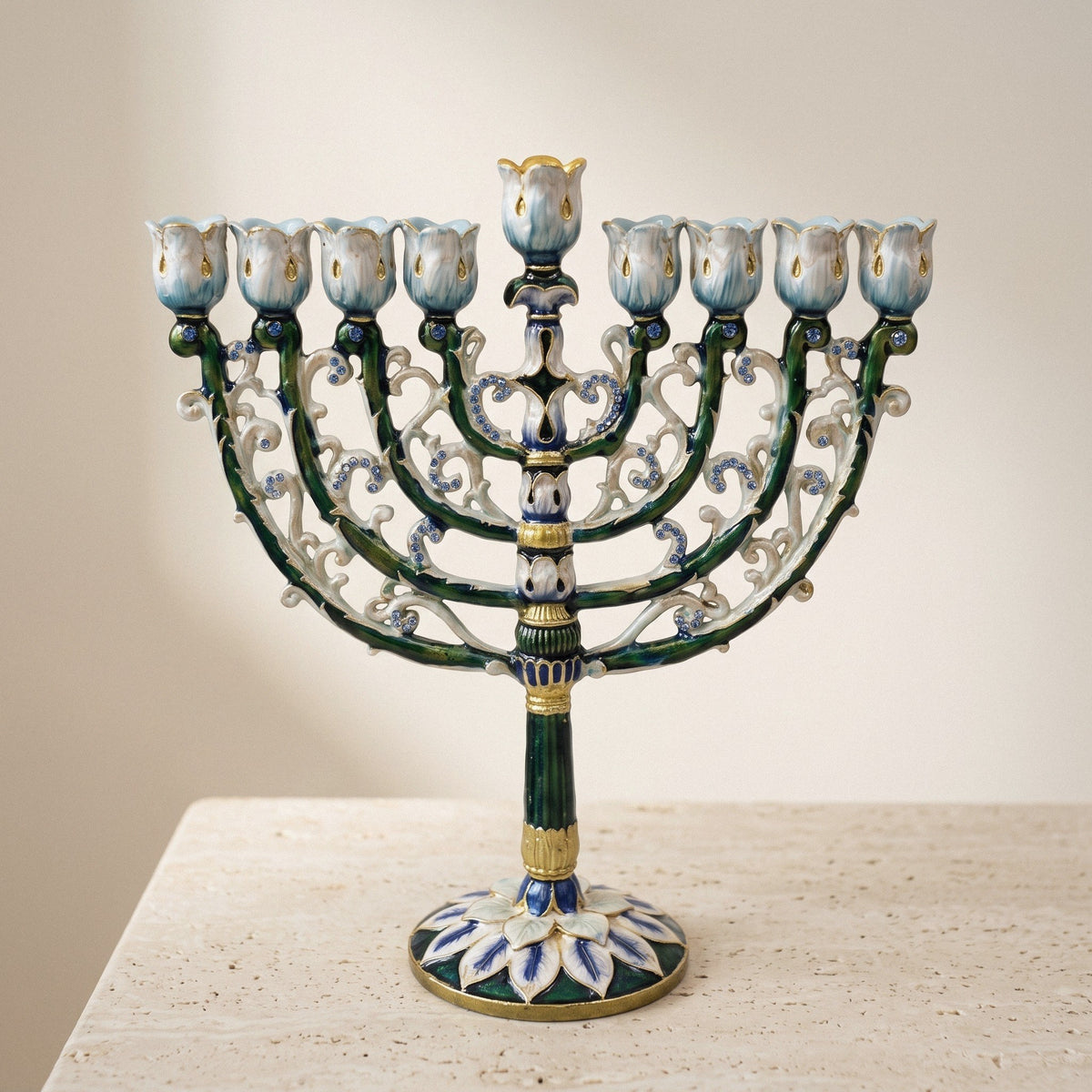Designer Enamel Hanukkah Menorah, Green & White with Crystal Accents, 16 cm Tall