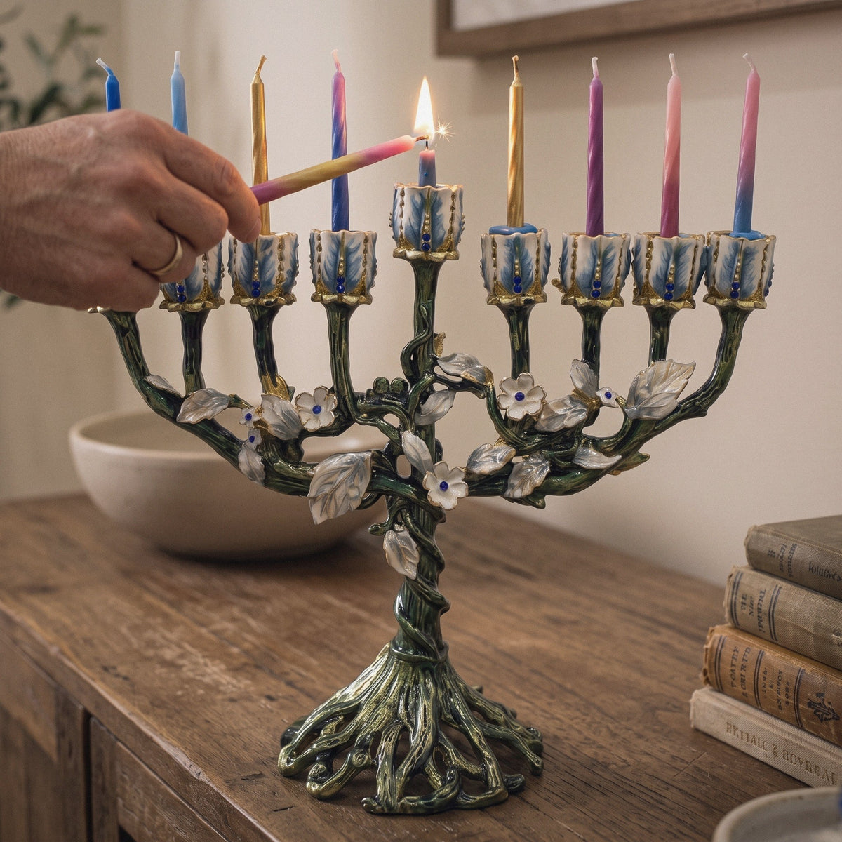 Designer Flowering Tree Hanukkah Menorah, Green Enamel with White Blossoms, 19 cm Tall - at home