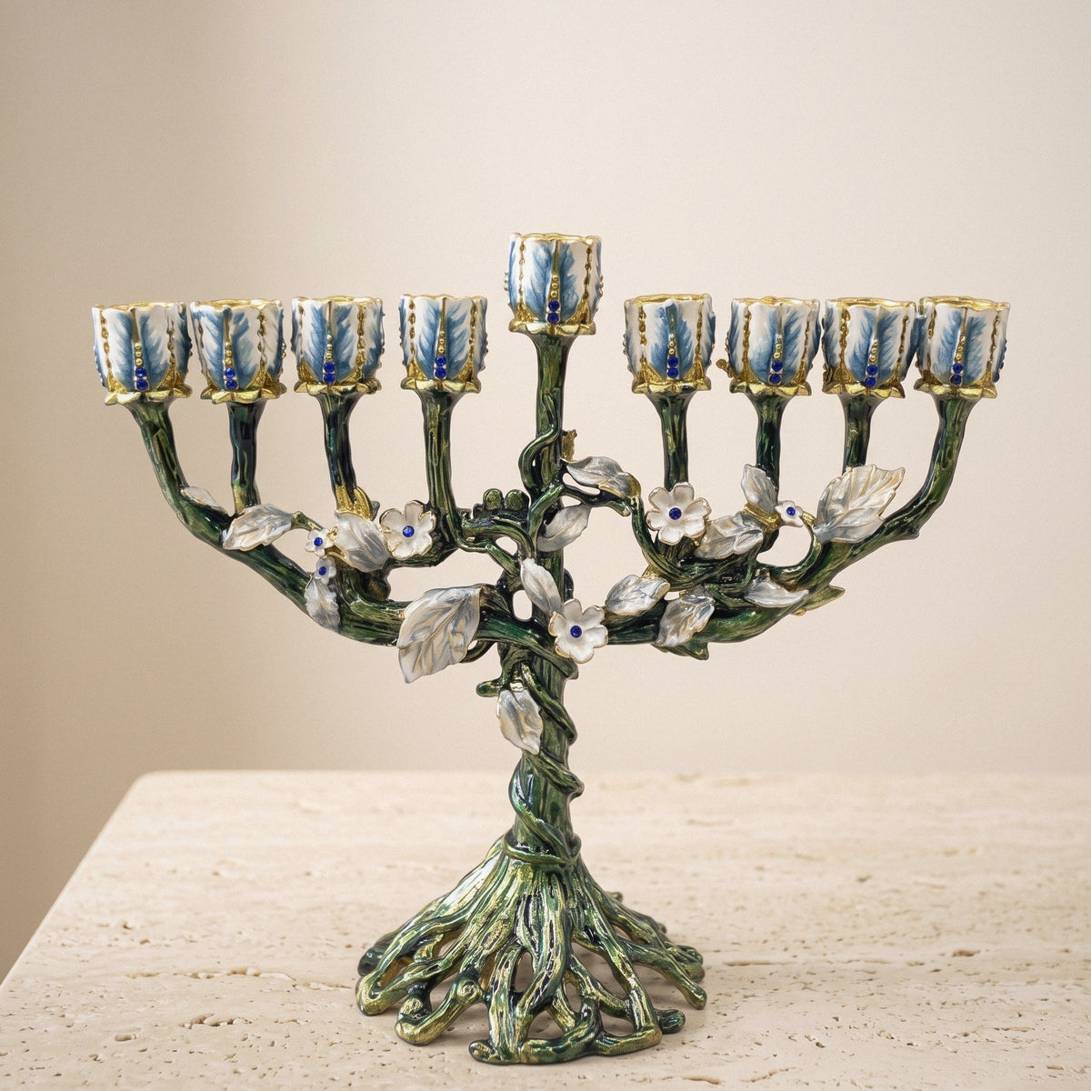 Designer Flowering Tree Hanukkah Menorah, Green Enamel with White Blossoms, 19 cm Tall