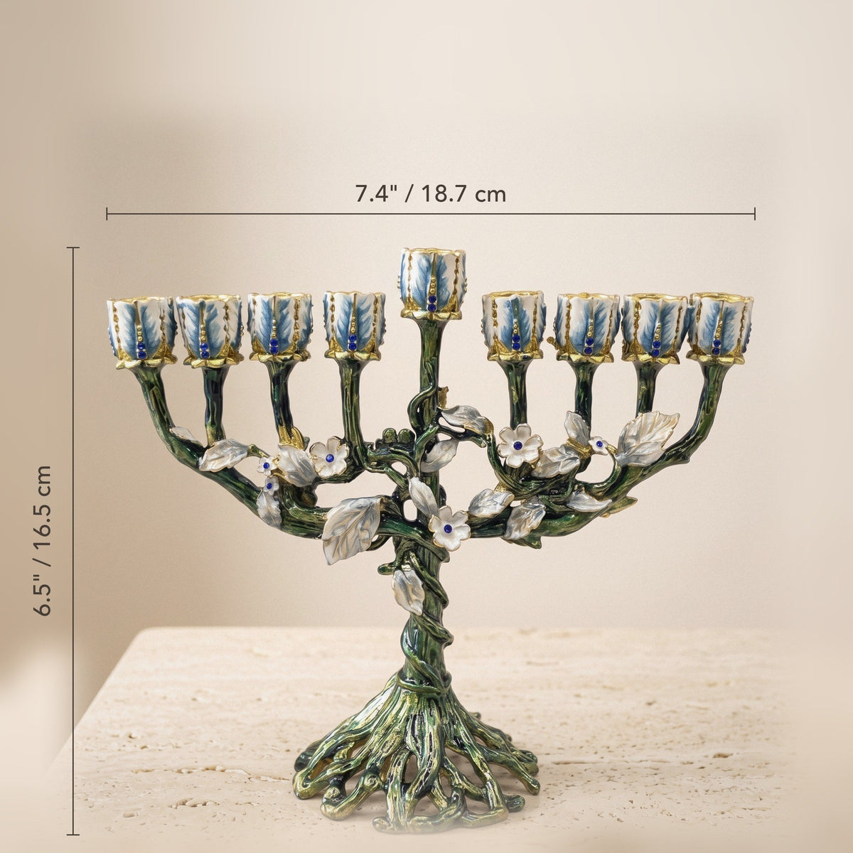 Designer Flowering Tree Hanukkah Menorah, Green Enamel with White Blossoms, 19 cm Tall - size and dimensions