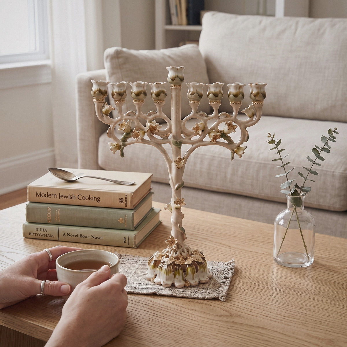 Designer Ivory Enamel Hanukkah Menorah, Floral Branches, 22.5 cm Tall - at home