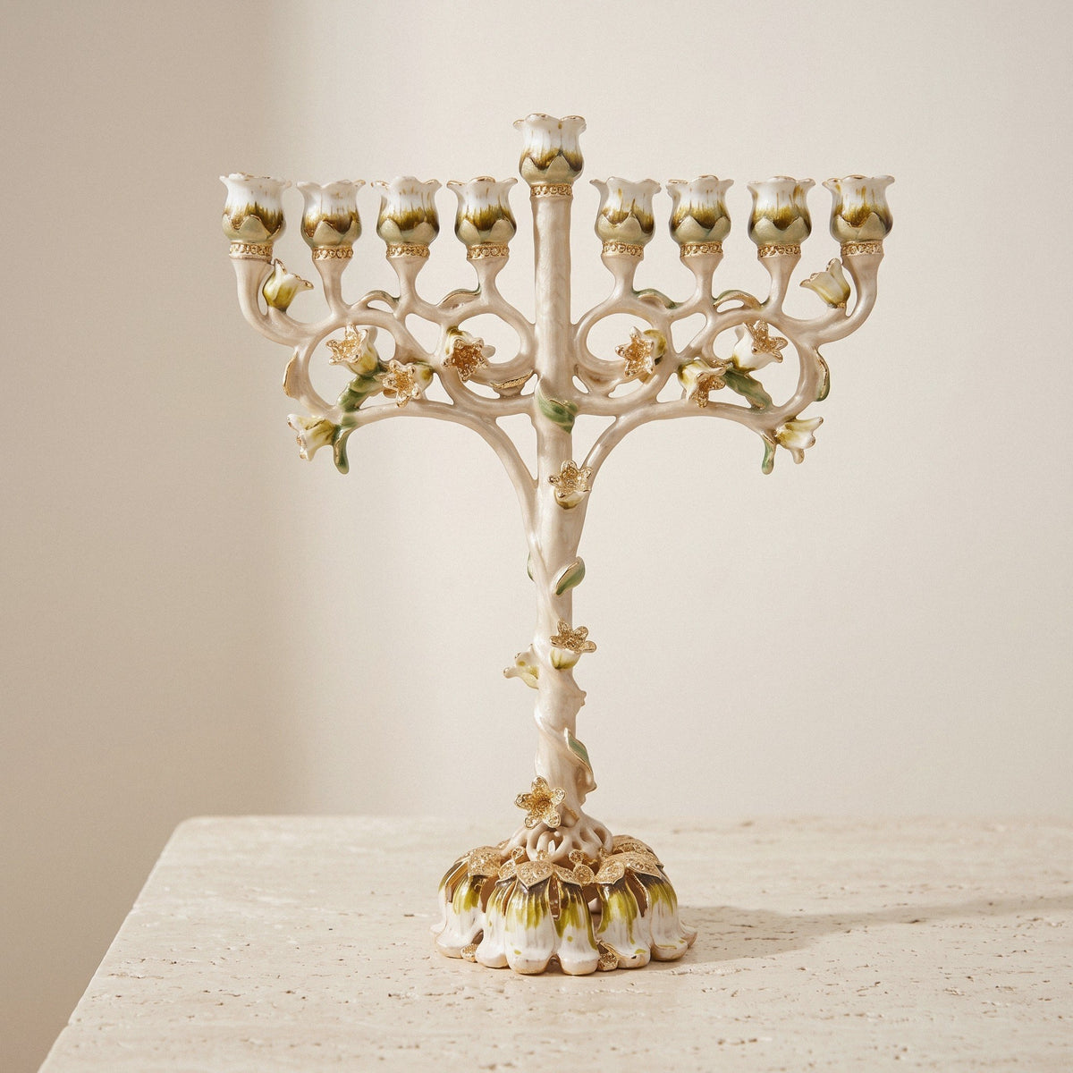 Designer Ivory Enamel Hanukkah Menorah, Floral Branches, 22.5 cm Tall