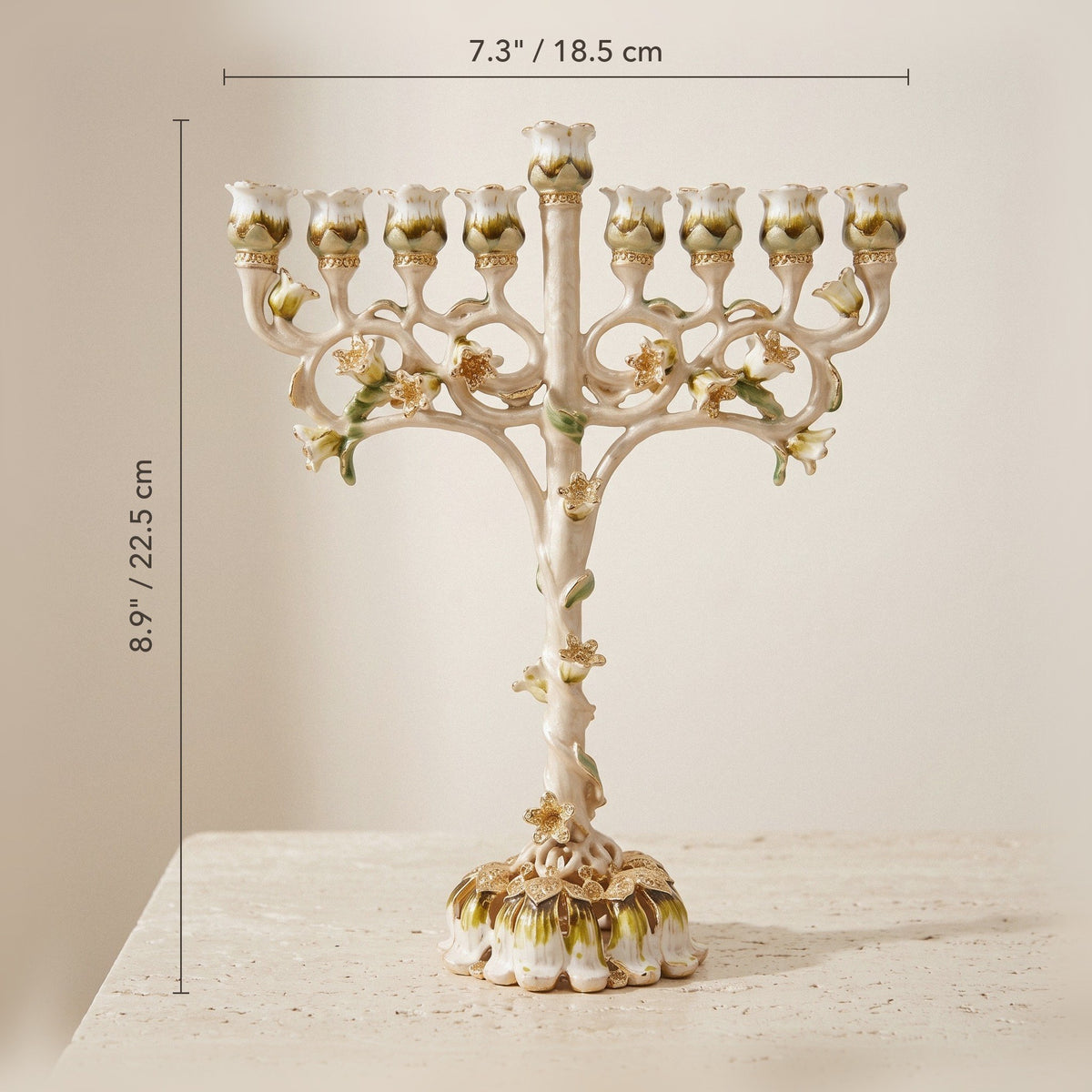 Designer Ivory Enamel Hanukkah Menorah, Floral Branches, 22.5 cm Tall - size and dimensions