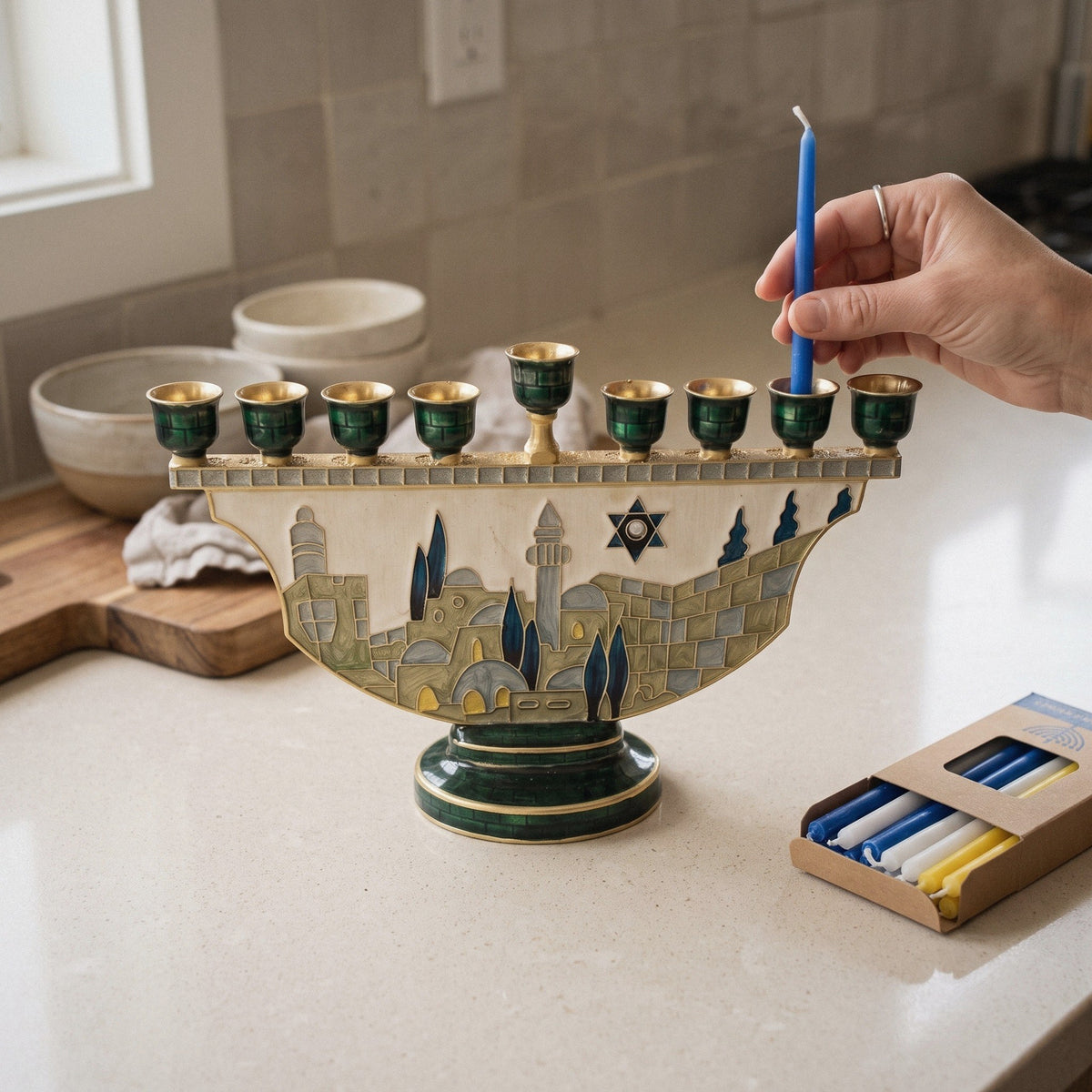 Designer Jerusalem Hanukkah Menorah, Enamel Old City Scene with Star of David - at home