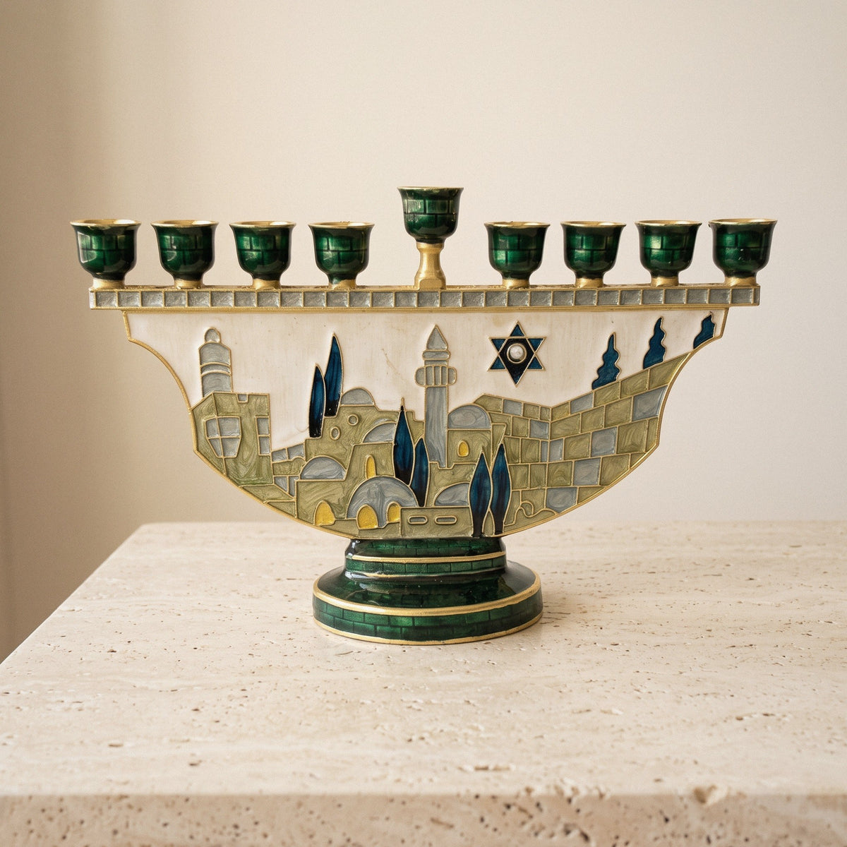 Designer Jerusalem Hanukkah Menorah, Enamel Old City Scene with Star of David