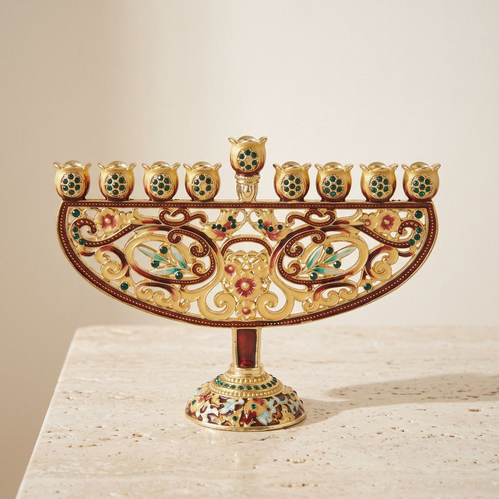 Designer Jeweled Arch Hanukkah Menorah, Red & Gold Enamel, 17 cm Tall