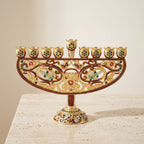Designer Jeweled Arch Hanukkah Menorah, Red & Gold Enamel, 17 cm Tall