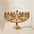 Designer Jeweled Arch Hanukkah Menorah, Red & Gold Enamel, 17 cm Tall - size and dimensions