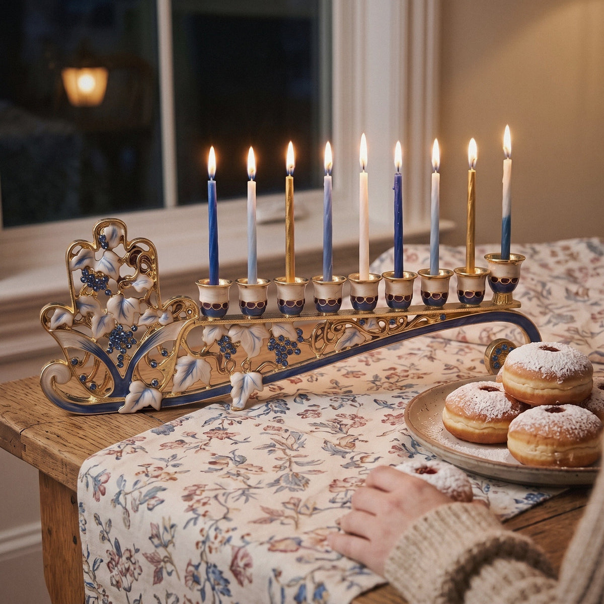 Designer Low-Profile Hanukkah Menorah, Gold & Blue Enamel Scroll, 24 cm Wide - at home