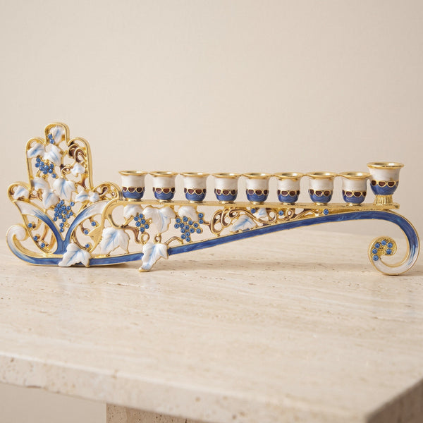 Designer Low-Profile Hanukkah Menorah, Gold & Blue Enamel Scroll, 9.4 in (24 cm) Wide