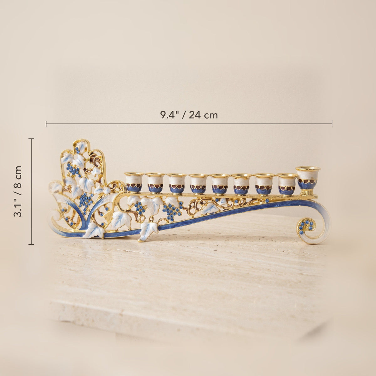 Designer Low-Profile Hanukkah Menorah, Gold & Blue Enamel Scroll, 24 cm Wide - size and dimensions