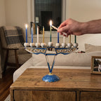 Designer Modern V Hanukkah Menorah, Blue & White Enamel, 16 cm Tall - at home