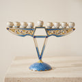 Designer Modern V Hanukkah Menorah, Blue & White Enamel, 16 cm Tall