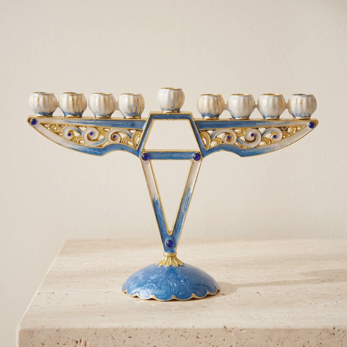 Designer Modern V Hanukkah Menorah, Blue & White Enamel, 16 cm Tall