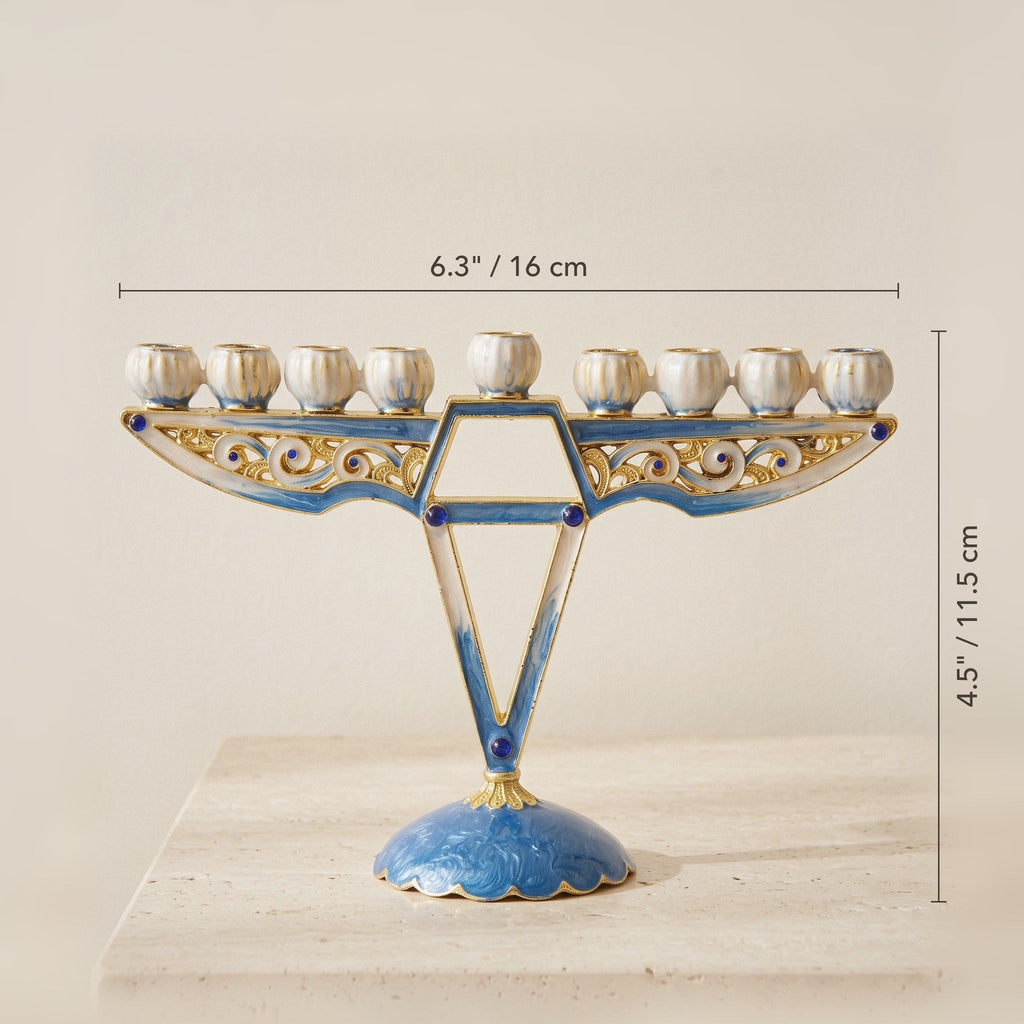 Designer Modern V Hanukkah Menorah, Blue & White Enamel, 16 cm Tall - size and dimensions