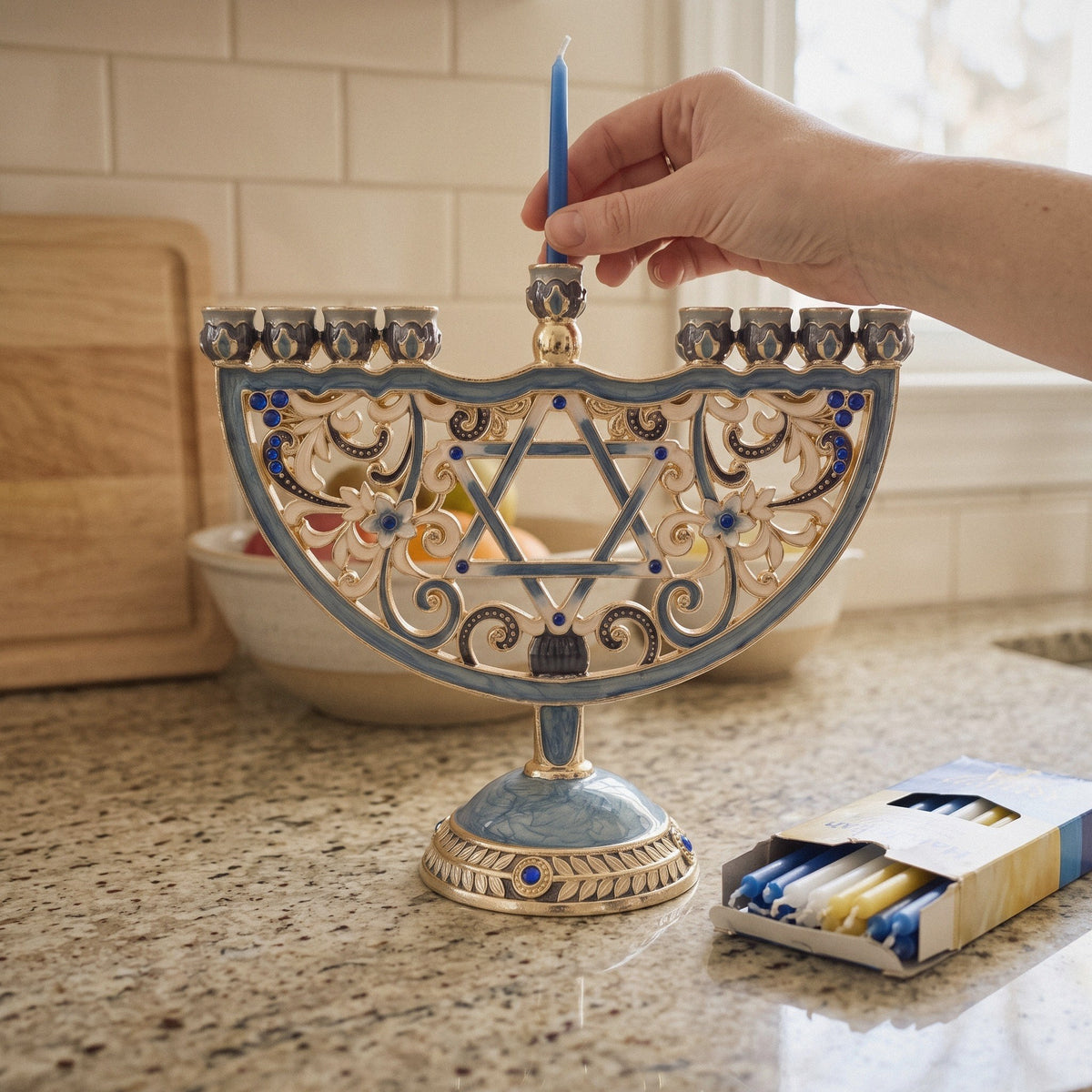 Designer Star of David Arch Hanukkah Menorah, Blue Filigree Enamel, 20 cm Tall - at home