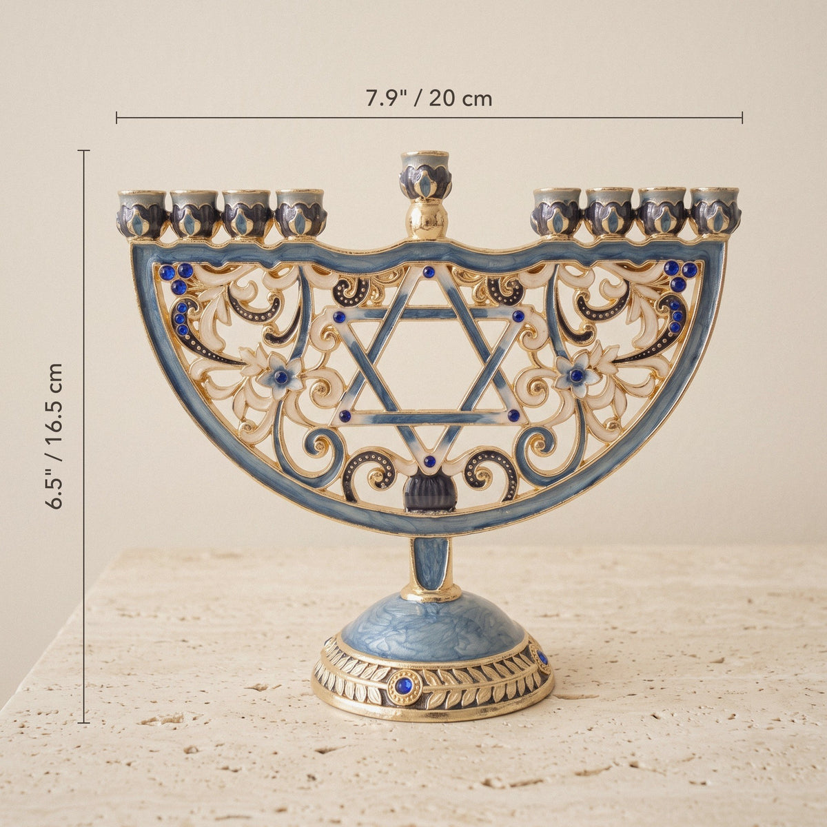 Designer Star of David Arch Hanukkah Menorah, Blue Filigree Enamel, 20 cm Tall - size and dimensions