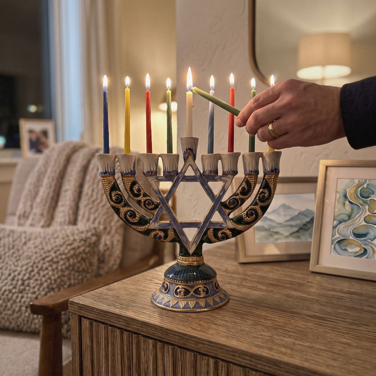 Designer Star of David Hanukkah Menorah, Blue & Gold Enamel, 14 cm Tall - at home
