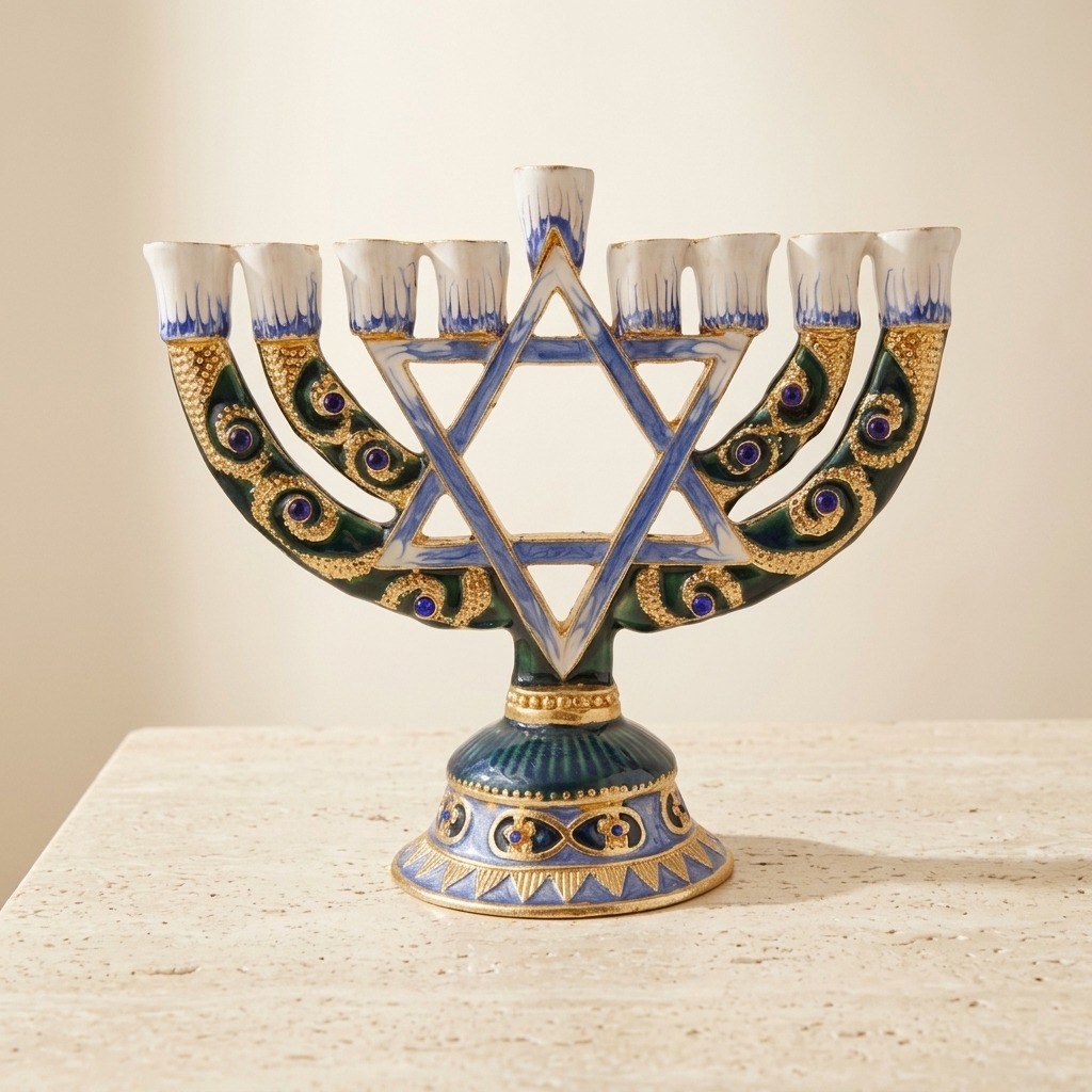Designer Star of David Hanukkah Menorah, Blue & Gold Enamel, 14 cm Tall