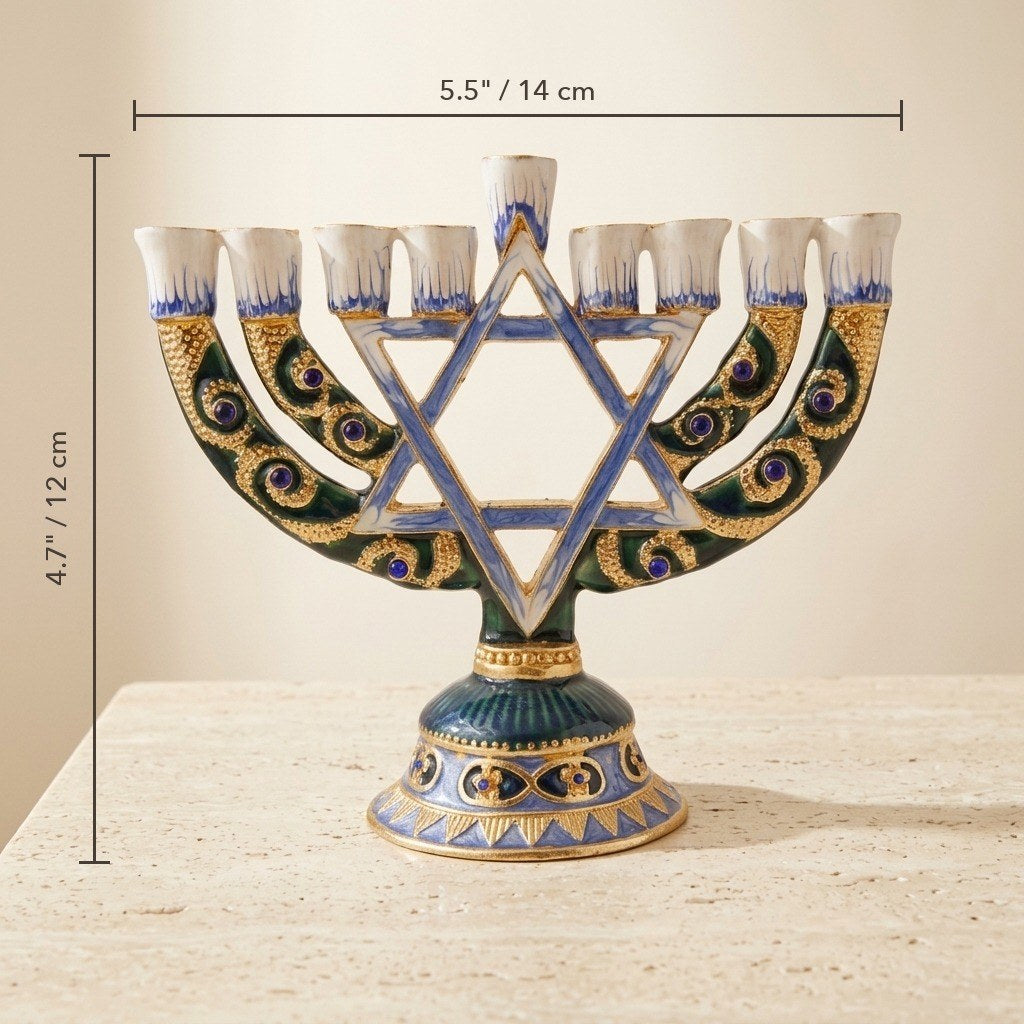 Designer Star of David Hanukkah Menorah, Blue & Gold Enamel, 14 cm Tall - size and dimensions